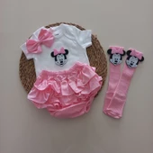 MARS BABY Kız Bebek Pembe Minnie'li Fırfır Şort Etek Bodyli Çorap Takımı - 1