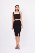 Peraluna JASMINE SKIRT Midi Boy Yandan Düğmeli Ribana Kadın Triko Etek - Siyah - 1