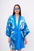 Peraluna OCEAN STORY SHORT KIMONO Baskılı Saten Kadın Kısa Kimono - Deniz Mavisi - 2
