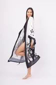 Peraluna BEACH GIRLS LONG KIMONO Baskılı Saten Kadın Uzun Kimono - Siyah/Beyaz - 5
