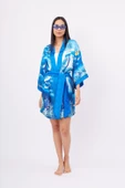 Peraluna OCEAN STORY SHORT KIMONO Baskılı Saten Kadın Kısa Kimono - Deniz Mavisi - 1