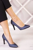 Erkan Saçmacı Gowa Plus Lacivert Saten Sivri Burun İnce Topuklu Abiye Stiletto Ayakkabı thumbnail 1