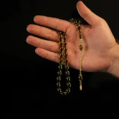 Yeşil Ateş Kehribar  925 Ayar Altın Rengi Gümüş Püsküllü Tesbih thumbnail 1