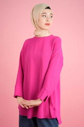 Kadın Bisiklet Yaka Tunik Basic Kol Yırtmaç Detaylı Aerobin Tunik Fuşya - 4