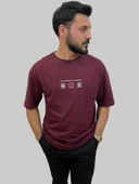 Erkek Lost Oversize Bisiklet Yaka Bordo Tişört - 3