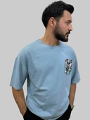 Erkek Hey Oversize Bisiklet Yaka Gök Mavisi Tişört - 4