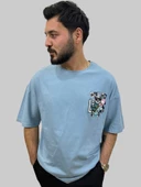 Erkek Hey Oversize Bisiklet Yaka Gök Mavisi Tişört - 3