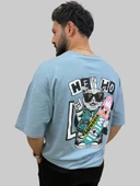 Erkek Hey Oversize Bisiklet Yaka Gök Mavisi Tişört - 5