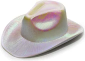 Neon Hologramlı Kovboy Model Parti Şapkası Beyaz Yetişkin 39X36X14 cm - 1