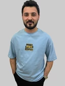Erkek Respect Oversize Bisiklet Yaka Mavi Tişört - 1