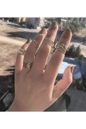 DGN Shoping Kadın 5 Li Gümüş Vintage Eklem Yüzük Seti Ayarlanabilir - 1