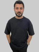 Erkek Plain Oversize Bisiklet Yaka Siyah Tişört - 2
