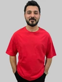 Erkek Plain Oversize Bisiklet Yaka Kırmızı Tişört - 1