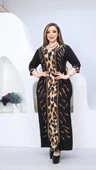 V Yaka Leopar Crystal Taşlı Elbise - SİYAH - 1
