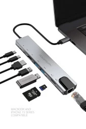 Powerway Type-C Hub Dönüştürücü Hdmi Usb Micro Sd Çevirici 8 Girişli Çoğaltıcı Universal Uyumluluk thumbnail 1