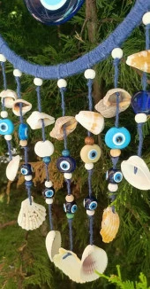 Nazar Boncuklu Mavi Hasır Deniz Kabuklu Duvar Süsü Rüzgar Çanı Sarkaç - 3