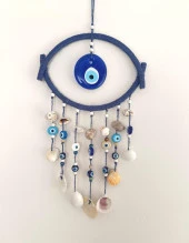 Nazar Boncuklu Mavi Hasır Deniz Kabuklu Duvar Süsü Rüzgar Çanı Sarkaç - 4