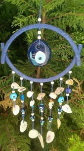 Nazar Boncuklu Mavi Hasır Deniz Kabuklu Duvar Süsü Rüzgar Çanı Sarkaç - 5