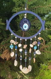 Nazar Boncuklu Mavi Hasır Deniz Kabuklu Duvar Süsü Rüzgar Çanı Sarkaç - 6