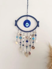 Nazar Boncuklu Mavi Hasır Deniz Kabuklu Duvar Süsü Rüzgar Çanı Sarkaç - 7