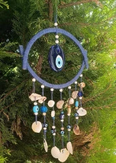 Nazar Boncuklu Mavi Hasır Deniz Kabuklu Duvar Süsü Rüzgar Çanı Sarkaç - 12