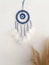 Nazar Boncuklu Mavi Düş Kapanı Dreamcatcher Kuş Tüyü Kötü Rüya Kovucu Rüya Kapanı Duvar Süsü - 1