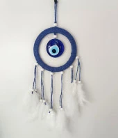 Nazar Boncuklu Mavi Düş Kapanı Dreamcatcher Kuş Tüyü Kötü Rüya Kovucu Rüya Kapanı Duvar Süsü - 2