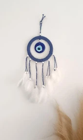 Nazar Boncuklu Mavi Düş Kapanı Dreamcatcher Kuş Tüyü Kötü Rüya Kovucu Rüya Kapanı Duvar Süsü - 3