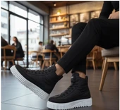 BA0811 Yüksek Beyaz Taban Siyah Paraşüt Kumaş Cilt Detaylı Yarım Bilek Spor Bot - 7