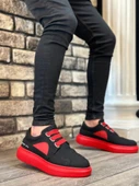 BA0302  Kalın Taban Bağcıksız Tarz Casual Siyah Kırmızı Erkek Ayakkabı - 1