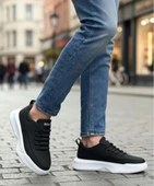 BA0332 Merdiven Desen Bağcıklı Erkek Yüksek Taban Siyah Cilt Beyaz Taban Spor Ayakkabı thumbnail 1