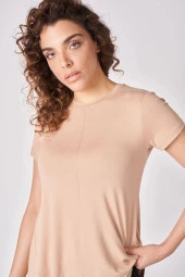 Kadın Oversize Bisiklet Yaka Kısa Kollu Tişört  S Vizon - 3