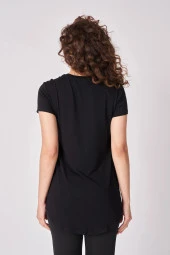 Kadın Oversize Bisiklet Yaka Kısa Kollu Tişört XS Siyah - 4