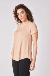 Kadın Oversize Bisiklet Yaka Kısa Kollu Tişört  2XL Vizon - 2