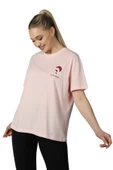 Kadın Ön Ve Sırt Baskılı Kısa Kollu Bisiklet Yaka Oversıze Oversıze Tişört Siyah  L PEMBE - 2