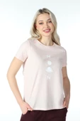 Kadın Baskılı Kısa Kollu Bisiklet Yaka Tişört Pembe Mel  S PEMBE MELANJ thumbnail 4