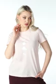 Kadın Baskılı Kısa Kollu Bisiklet Yaka Tişört Pembe Mel  M PEMBE MELANJ thumbnail 2