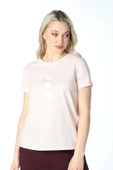 Kadın Baskılı Kısa Kollu Bisiklet Yaka Tişört Pembe Mel  L PEMBE MELANJ thumbnail 3