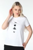 Kadın Baskılı Kısa Kollu Bisiklet Yaka Tişört Pembe Mel  M BEYAZ - 2
