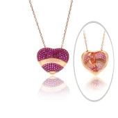 Gümüş rose fuşya taşlı özel tasarım kalbimdeki sır kolye  SGTL12492FUSYA thumbnail 2