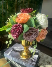 Nettenevime Yapay Çiçek Pastel Şakayık Aranjmanı Gold Şamdan Vazolu Masa Üstü Çiçeği Arajman thumbnail 1