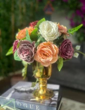 Nettenevime Yapay Çiçek Pastel Şakayık Aranjmanı Gold Şamdan Vazolu Masa Üstü Çiçeği Arajman thumbnail 2