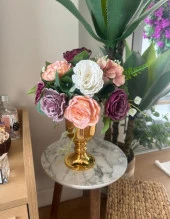 Nettenevime Yapay Çiçek Pastel Şakayık Aranjmanı Gold Şamdan Vazolu Masa Üstü Çiçeği Arajman thumbnail 8