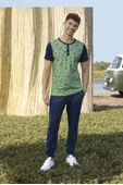 Doreanse 4783 Erkek Yeşil Yaprak Desenli Düğmeli Bisiklet Yaka T-Shirt Pijama Takımı - 2