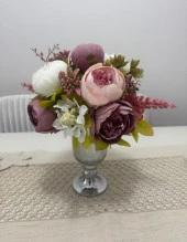 Nettenevime Yapay Çiçek Pastel Pudra Pembe Krem Şakayık Aranjmanı Gold Şamdan Vazolu Masa Üstü Çiçeği Arajman thumbnail 4