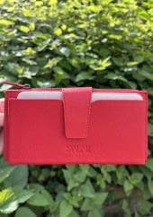 SANLINE Hakiki Deri Telefon Bölmeli Kadın Cüzdan - El Portföyü Kırmızı - 1