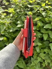 SANLINE Hakiki Deri Telefon Bölmeli Kadın Cüzdan - El Portföyü Kırmızı - 4