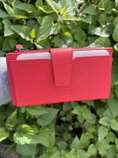 SANLINE Hakiki Deri Telefon Bölmeli Kadın Cüzdan - El Portföyü Kırmızı - 6