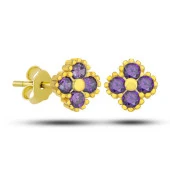 Gümüş Gold Yonca Çivili Mor Taşlı Çocuk Küpe SL5588 thumbnail 1