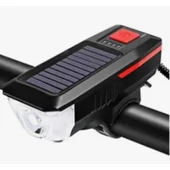 Solar Enerjili USB ile Şarj Edilebilir Ledli Bisiklet Feneri Kornalı ve Su Geçirmez Far - 1